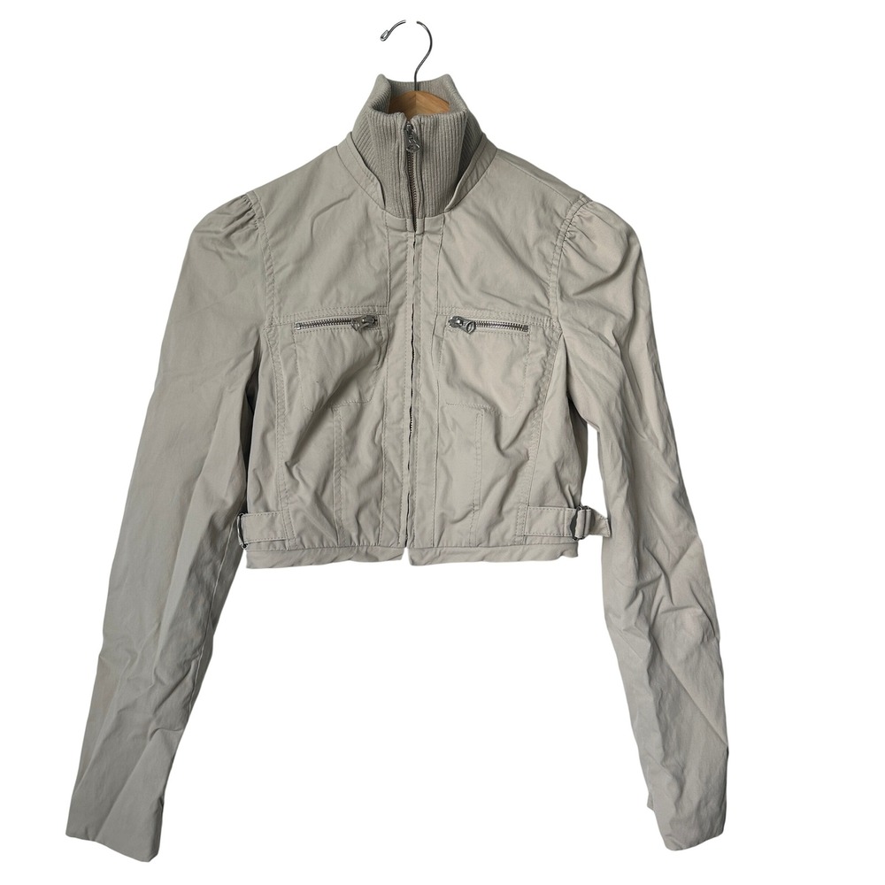 Armani Exchange Womens Tan Cropped Utility Jacket Mock Neck Puffed Shoulder XS